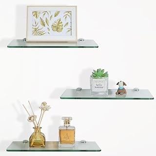 SAYAYO Tempered Glass Floating Shelves Set of 3, 12 Inch Clear Wall Shelves for Bathroom, Kitchen, Bedroom, Modern Home Decor