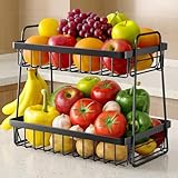 Sakugi Fruit Basket for Kitchen Counter - 2-Tier Fruit Bowl with Removable Banana Hanger & Handles, Rustproof Fruit Holder for Kitchen, Living Room, Bathroom, 13.4'×8.7'×11.7', Black