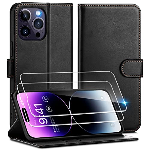 Focusor Coque pour iPhone 14 Pro Max + 2 Verre Trempé, Premium en Cuir PU Portefeuille Flip Magnétique Pochette Antichoc Housse en Clapet de Protection Etui pour iPhone 14 Pro Max (6,7 Pouces)-Noir