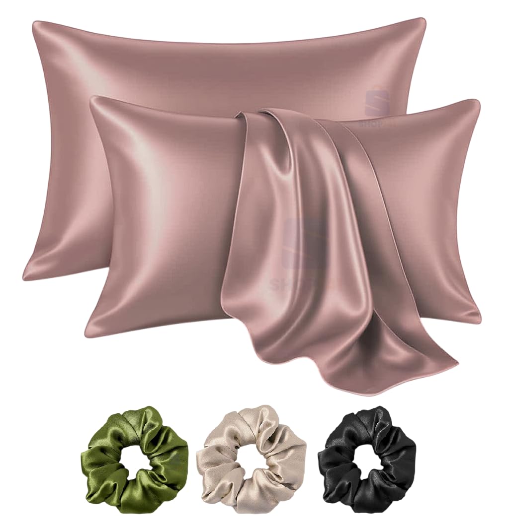 Satin Silk Pillow Cover for Hair and Skin 2 Piece with 3 Piece Satin Silk Scrunchies Free Solid Pillow Covers with Envelope Closure (Rose Taupe)-image-43