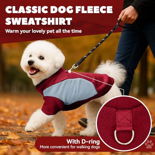 Image of Small Fleece Dog Sweater with Leash Ring Soft Warm Fall Winter Dog Clothes Cute Cat Apparel Puppy Sweaters Classic Pullover Doggy Sweatshirts Chihuahua Costumes Cat Outfits(Red,XS)