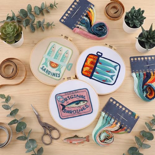 Image of Mindsoft 3 Set Needlepoint Kit for Beginners with Hoop,Sardine