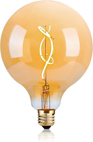 Bombilla LED Edison G125 G40 de vidrio ámbar, gran tamaño, regulable, E26, 2200 K, blanco cálido, extra grande, redonda, vintage, 4 W, 150 lúmenes,