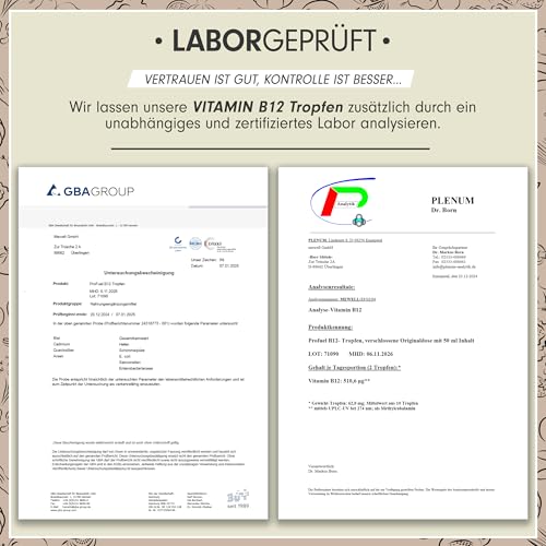 Vitamin B12 Tropfen - 1800 Tropfen (50ml) - bioaktives Methylcobalamin B12 - optimal hochdosiert mit 500mcg B12 - ohne Konservierungsstoffe oder Alkohol - 100% vegan