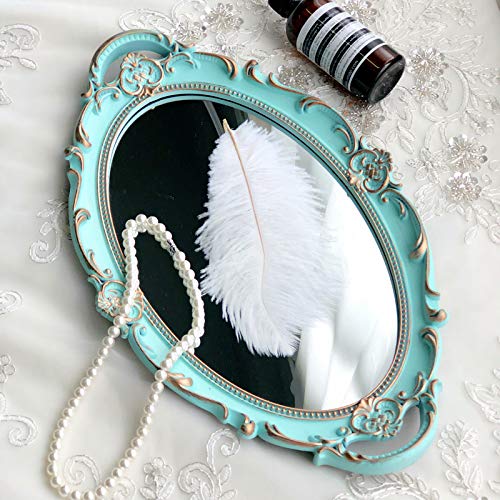 Schonee Oval Vintage Decorative Mirror Tray, Jewelry Dresser Organizer Tray, Cosmetics Makeup Storage Organizer, Serving Tray (9.8”X 14.6”) Blue #TOP4