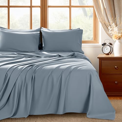Shilucheng 100% Egyptian Cotton Queen Size Sheets Set - 1000 Thread Count,Luxury Cotton Bed Sheets,Breathable & Cooling Bedding and Pillow Cases, 16 Inch Deep Pocket - 6 Piece (French Blue, Queen)