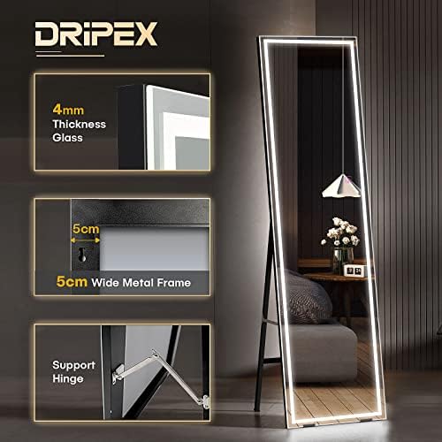 Dripex LED Full Length Mirror, 150x40cm Free Standing Floor Mirror, Wall Mounted Hanging Mirror with Lights, Full Size Body Mirror with Dimming & 3 Color Lighting for Bedroom
