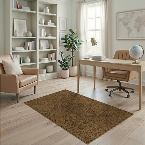 ODIKA 4'x6' Washable Flatwoven Rug, Tan Vintage Paisley Easy Care Throw Carpet Stain Resistant Low Profile Floor Covering for Dorm Room, Small Living Room, Apartment | Ref:1981654