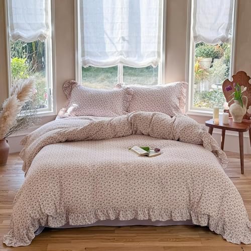 Image of BuLuTu Chic Shabby Purple Floral Duvet Cover Twin, Muslin Cotton Farmhouse Bedding Ruffles Comforter Cover, Kids Girls Boys Quilt Cover 68 inchx86 inch, No Pillow, Zipper & Corner Ties