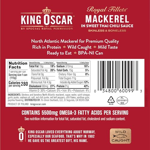 Image of King Oscar Mackerel in Sweet Thai Chili Sauce, 4.05 Ounce Can (Pack of 12), Skinless & Boneless, Wild Caught Canned Mackerel