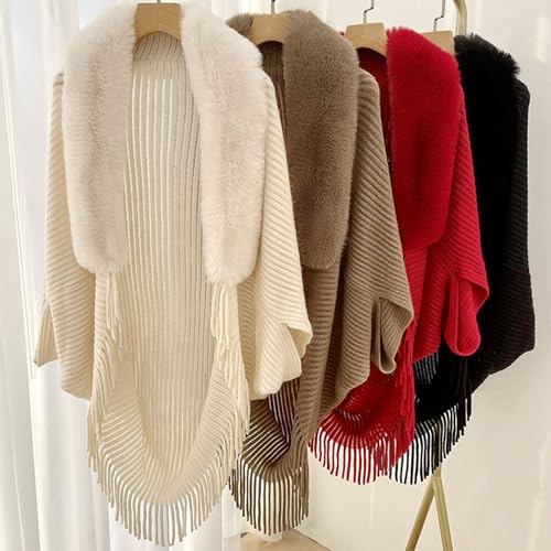 Ladies Knitted Loose Thickened Shawl Coat, Knit Fringe Cape Shawl Fur Collar Cape, Winter Knit Fringe Fur Collar Shawl (One Size, Khaki)2