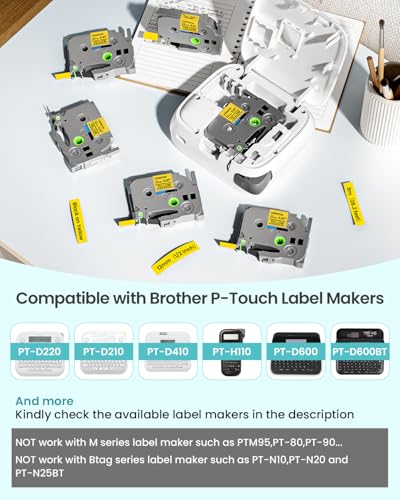 Image of 2-Pack Label Maker Tape 12mm 0.47 inch Yellow Replacement for Brother P Touch Label Tape TZe-631 TZ-631, Compatible with Brother Ptouch PT-D210 PT-H110 PT-D220 PT-D400,Black on Yellow