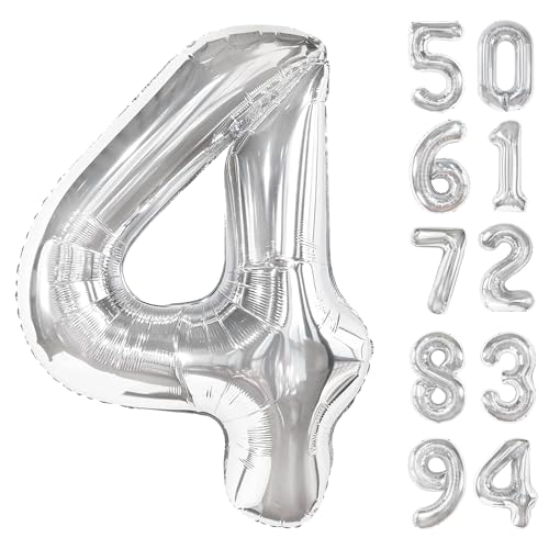 Image of Silver 4 Balloon, Number Balloons 40 Inch, 4th Silver Party Decorations, Four Large Numbers for Party Decor, Number 4 Balloon