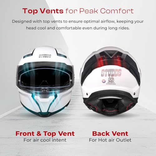 Image of STUDDS Helios ISI and DOT Certified Full Face Helmet with Antifog 100 Lens, Sporty Spoiler (White - XL)