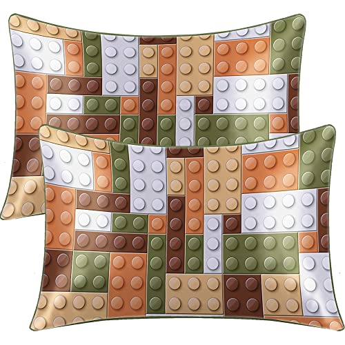 BlessLiving Colorful Toy Satin Pillowcase for Hair and Skin Silky Soft Pillow Cover - Set of 2 Pack Durable Children Blocks Pillow Case with Envelope Closure, Orange Brown Yellow, Queen(20''x30'')