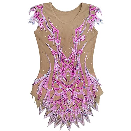 Collants de Ginástica Rítmica Meninas Rosa Estampa Brilhante Strass Competição Performance Collants,