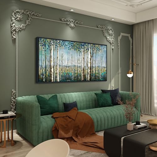 Image of Pogusmavi Tree of Life Wall Art - Large Nature Birch Tree Canvas Painting for Home Decor | Framed Green Artwork for Living Room, Bedroom, and Office | Teal Wall Art Decoration 24x48 Inch