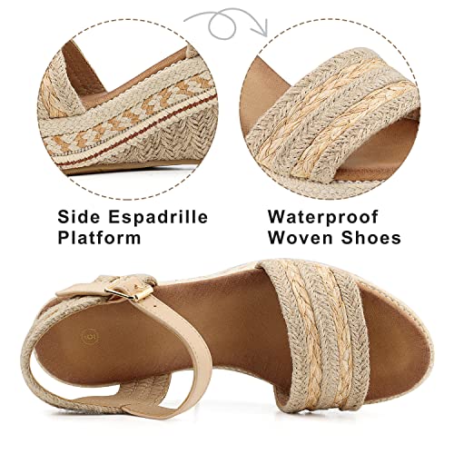 Shibever Espadrilles Wedge Sandals For Women Open Toe Ankle Strap Platform Sandals Summer Dressy Heels Sandal Shoes Beige 8 #TOP2