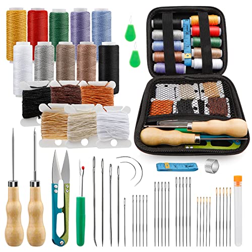 Tikjiua 59 Pcs Leather Sewing Kit Leather Needles For Hand Sewing,Heavy Duty Sewing Upholstery Repair Kit Waxed Thread Large-Eye Stitching Needles For Carseat Backpack Carpet Boots Shoes Canvas Sofa #TOP12