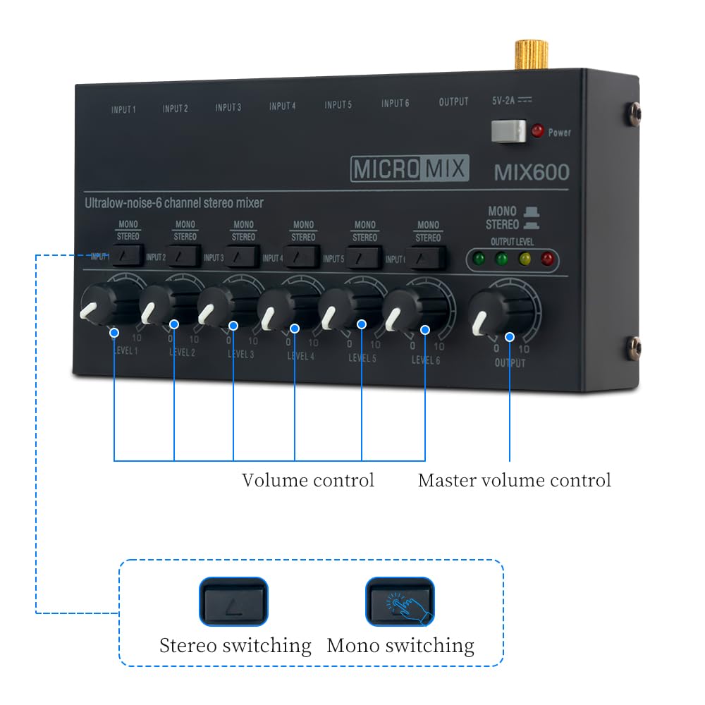 Mixer Audio, Mixer stereo di linea a 6 canali microfonico professionale portatile a bassissimo rumore