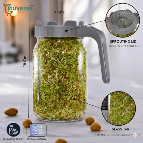 Image of Sprouts Maker Glass Jar - 950ml Large Sprouts Maker Jar for Home Use | BPA-Free Sprouting Jar with Drain Lid Handle | Airflow, Odor-Free, Easy Drainage, and Hygienic Glass Design (Grey)