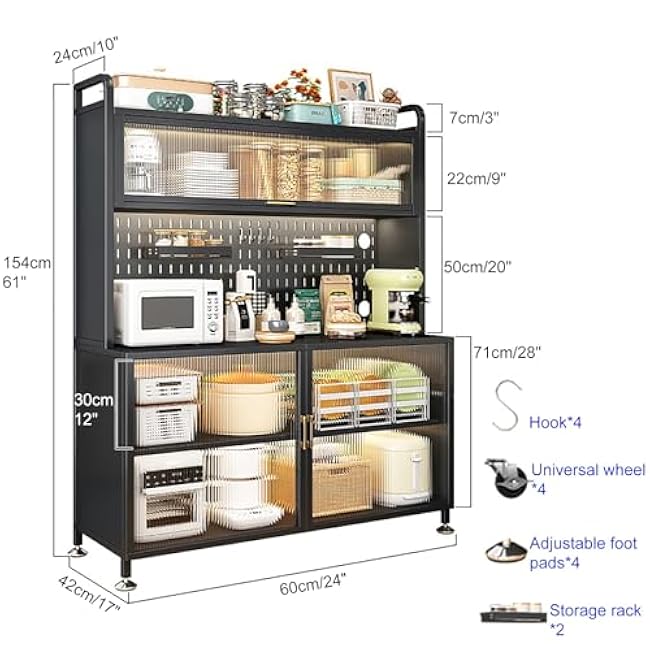 White Coffee Bar Cabinet with Microwave Stand, Bakers Rack & Transparent Flip Switch Door, DIY Backplane, Rolling Cart for Kitchen, Dining Room & Living Room - 60 Size-RxrZv0Ig