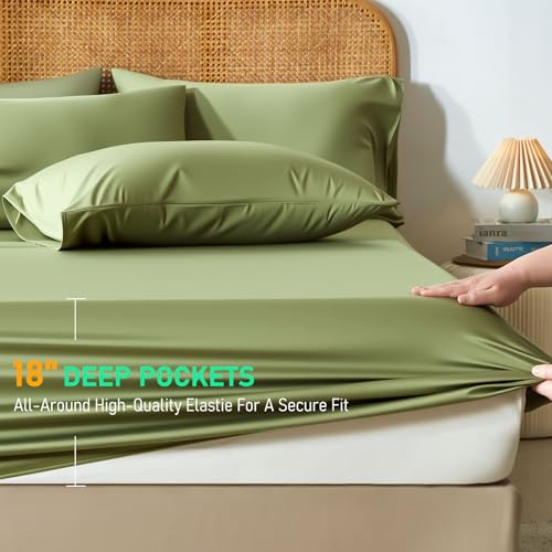 Image of 100% Viscose Derived from Bamboo Sheets Queen Size, Soft & Cooling Viscose from Bamboo Sheets Set, Organically Grown,Breathable & Soft Deep Pocket Up to 18 Inches(Light Green)