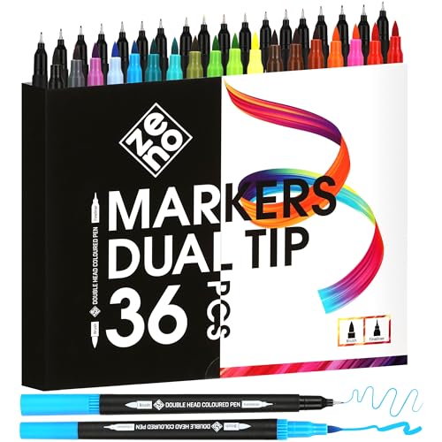 Set Pennarelli ZENO 36 Doppia Punta con Confezione Cartone – Pennarelli Professionali per Adulti, Disegno e Colori – Marker Punta Fine e Punta Pennello, Brush Pen per Artisti, Libri da Colorare, Manga