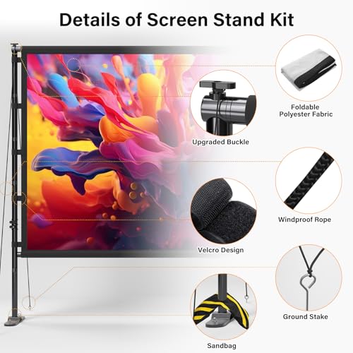 Outdoor Projector Screen with Stand 120 Inch, 16:10 4K HD Portable Projector Screen Indoor, Movie Screen with Carry Bag, Sandbags, Projection Screen for Backyard, Camping, Home Theater