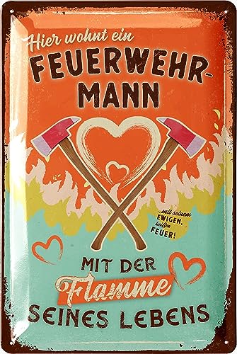 LANOLU Retro Tin Sign Fireman Flame of His Life, Fire Brigade Gifts for Men Gift Ideas for Men Fire Brigade Decorative Sign