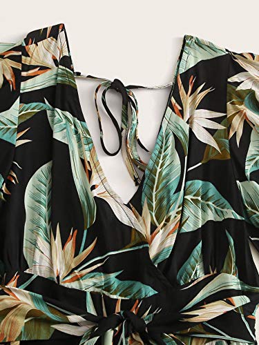 Makemechic Women's Plus Size Tropical Print Belted Tie Back Ruffle Trim Romper Black 0Xl #TOP3
