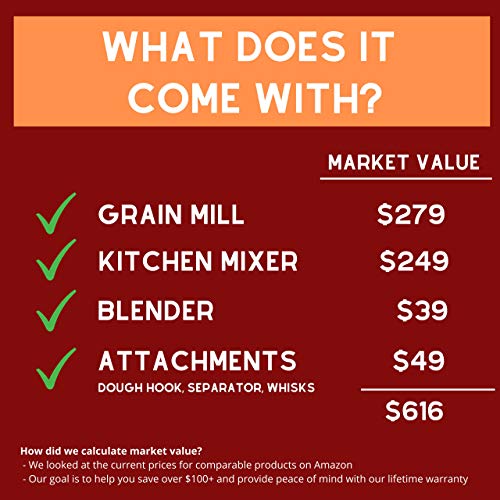 Powerful Electric Grain Mill Grinder and Dough Kitchen Mixer Bundle for Home and Professional Use - High Speed Flour Mill for Healthy Grains and Versatile Dough Blender for Making Bread by Wondermill