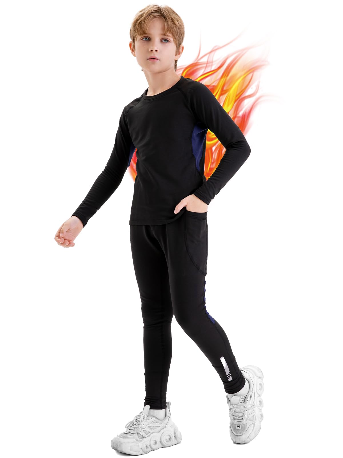 Set di primo strato termico per bambini, in caldo pile, con 2 tasche, ad asciugatura rapida, traspirante, a maniche lunghe, per sci e sport