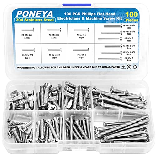 Poneya JXLS-1018 Machine Screws, 100 Pcs Phillips Flat Head Electricians Screw Kit #6-32#8-32 Extra Long 304 Stainless Steel Outlet Screws cover