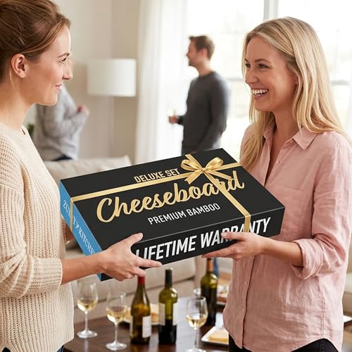 Image of Zulay Kitchen Premium Bamboo Cheese Board Set - Extra Thick Bamboo Charcuterie Board Set with 4 Piece Knife Set - Wooden Cheese Board is Perfect for Charcuterie, Wine and Cheese (Deluxe Set)
