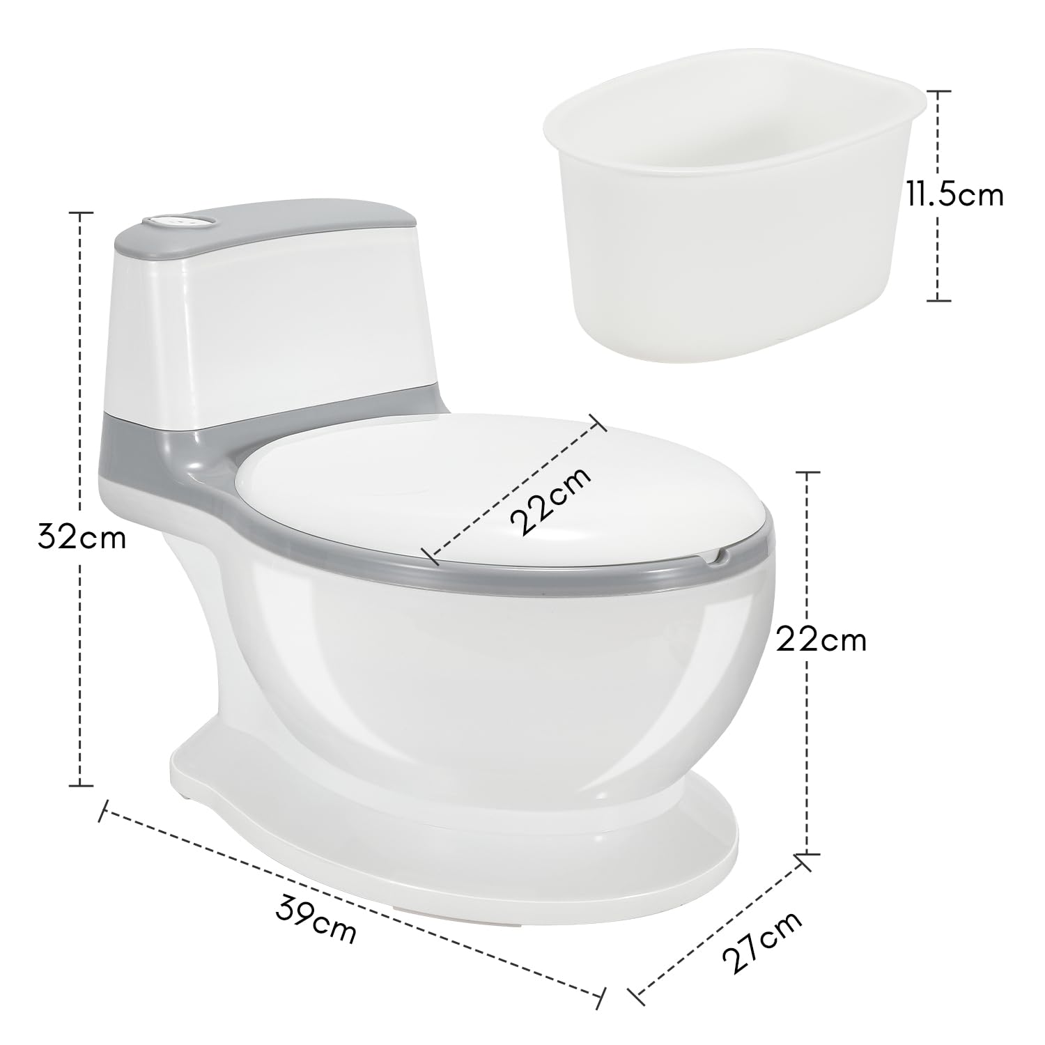 Ikodm Kinder töpfchen mit Spülgeräusch,Toilettentrainer für Kinder mit Sound und Batterien,Töpfchen für kinder weiches PU-Kissen,mit Pinsel Grau weiß