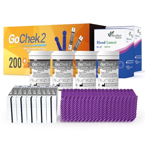 MicroTech Tiras de Prueba de Glucosa y Lancetas, Validez de 180d, Inmunes al Oxígeno en Sangre, Solo para Gocheck2, 200 Unidades.