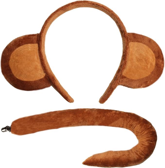 Myqiqi Plush Monkey Ears Headband & Bendable Tail Kit, Jungle Animal Fancy Dress Accessories for Halloween Cosplay