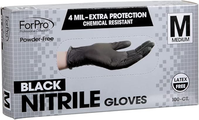 ForPro Professional Collection Disposable Nitrile Gloves, Chemical Resistant, Powder-Free, Latex-Free, Non-Sterile, Food Safe, 4 Mil, Black, Medium, 100-Count