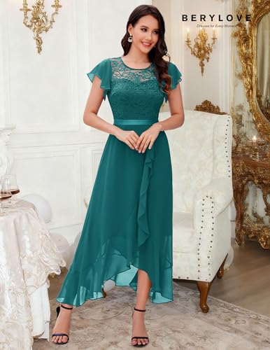 Image of BeryLove Formal Long Dresses for Women Wedding Guest Cocktail Bridesmaid | Airy Lace & Chiffon Evening Gown, Flutter Sleeve, Ideal for Mother of the Bride, Prom, Homecoming Party & Semi-Foraml Events