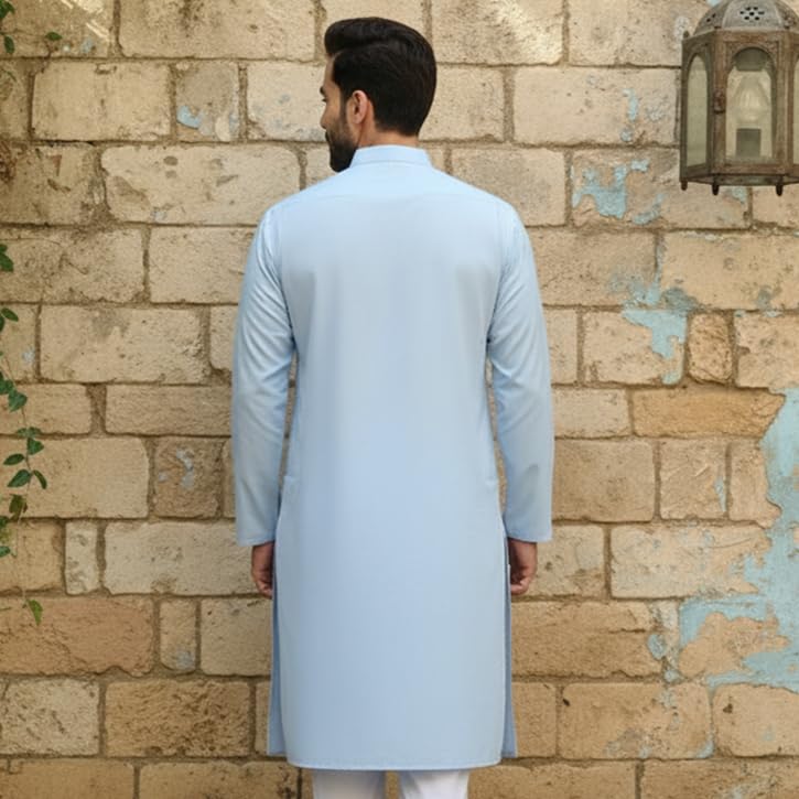 Image of Men's Cotton Blend Blend Knee Length Solid Color Style Stright Long Mandrin Collor Ethnic Casual Wear Kurta Only