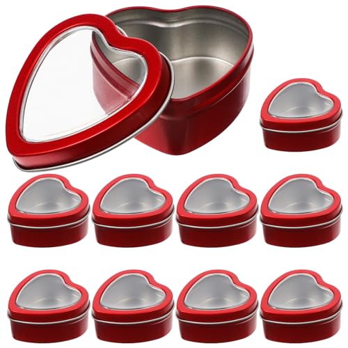 VILLCASE Heart Shaped Metal Tins, 10 Pack Empty Candle Jars Cans with Clear Window Lids, Party Favors Storage Box Container for Candle Making, Candies, Treasures