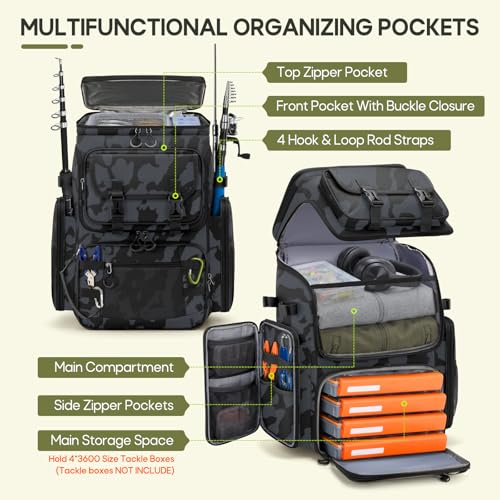 Image of RAINSMORE Fishing Backpack, 45L Large Water-resistant Fishing Tackle Bag