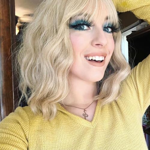 VCKOVCKO Natural Wavy Short Bob Wigs With Air Bangs Women's Shoulder Length Wigs Curly Wavy Synthetic Cosplay Wig Pastel Bob Wig for Girl Colorful Wigs(12", Mix Blonde) - Image 6