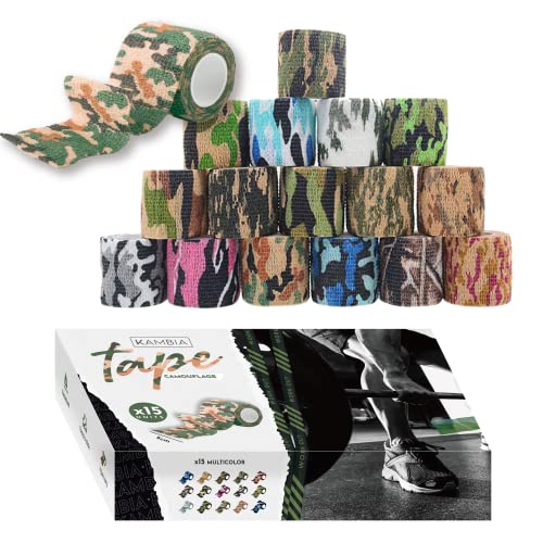 KAMBIA esparadrapo deportivo, tape crossfit, 15 vendas autoadhesivas, venda elastica adhesiva, tape, venda cohesiva, crossfit. Colores camufaje 4,5m x 5cm