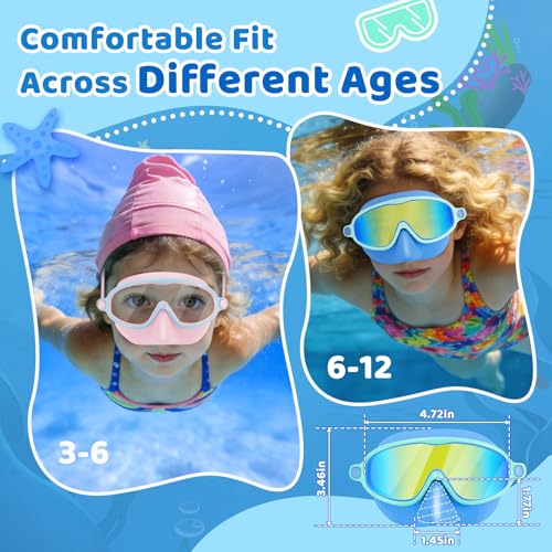 Vvinca 2 Pack Kids Swim Goggles with Nose Cover, Wide View Anti-Fog UV Protection Swimming Mask for Boys Girls Ages 3-14, No Leak Pool Goggles for Toddlers — view 6