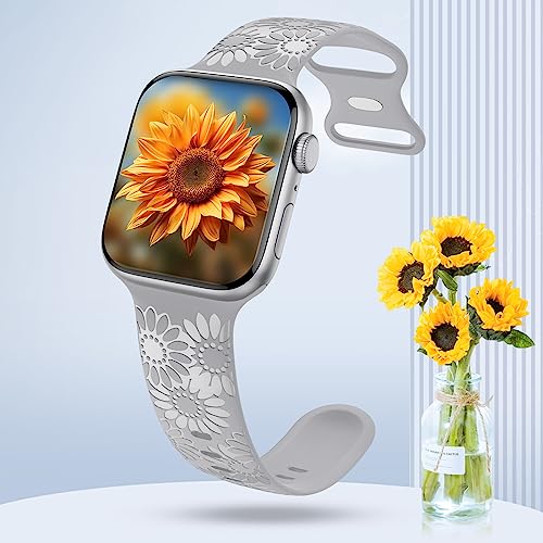 Image of Sunflower Engraved Band Compatible with Apple Watch Bands 38mm 40mm 41mm 42mm 44mm 45mm 49mm Women, Designer Soft Glossy Floral Silicone Strap for iWatch Series Ultra 11 10 9 8 7 6 SE 5 4 3 2 1