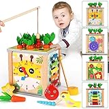 Motorikwürfel Holz Baby ab 1 Jahr, 7 in 1 Aktivitätswürfel, Montessori Activity Center, Karottenernte Holzspielzeug Motorikspielzeug für Kleinkinder Baby