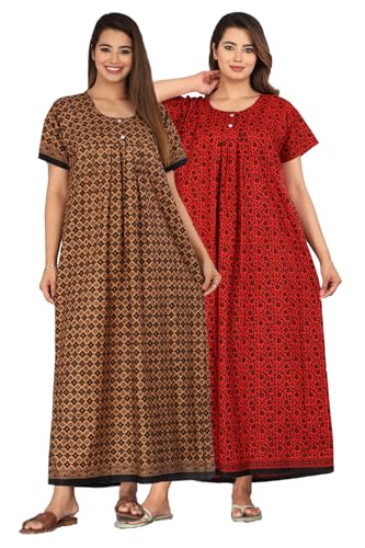 Image of Kuruti B Sheets Nighty for Women Cotton Combo (Pack of 2 Pcs) Nighty Gown Round Neck Short Sleeves Free Size