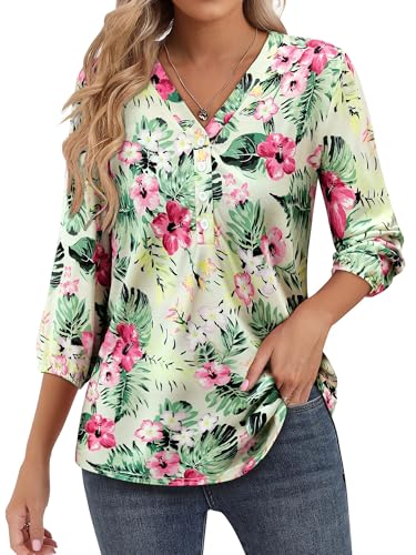 WIEIYM 3/4 Sleeve Womens Floral Print T Shirt Summer Hawaiian Shirts V Neck Flower Blouses Tunic Casual Buttons Down Shirt Tops Green